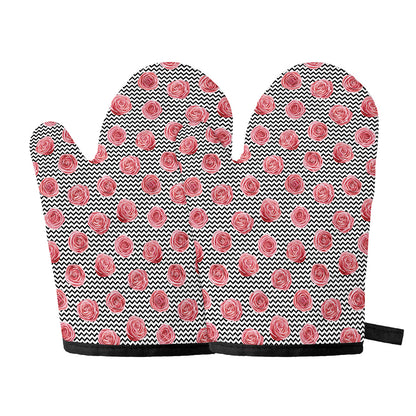Pink Rose Zigzag Pattern Print Oven Mitts