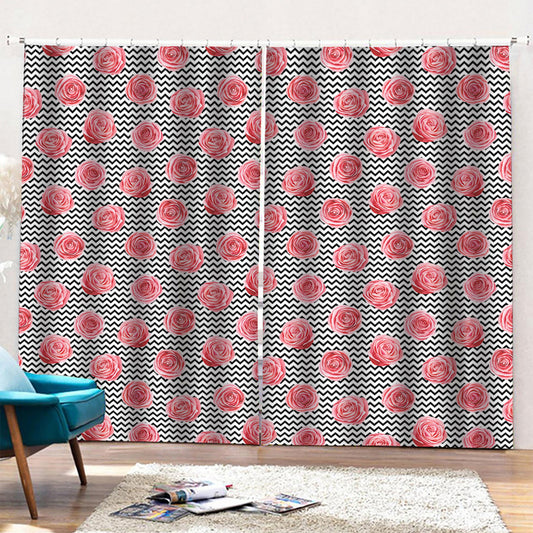 Pink Rose Zigzag Pattern Print Pencil Pleat Curtains