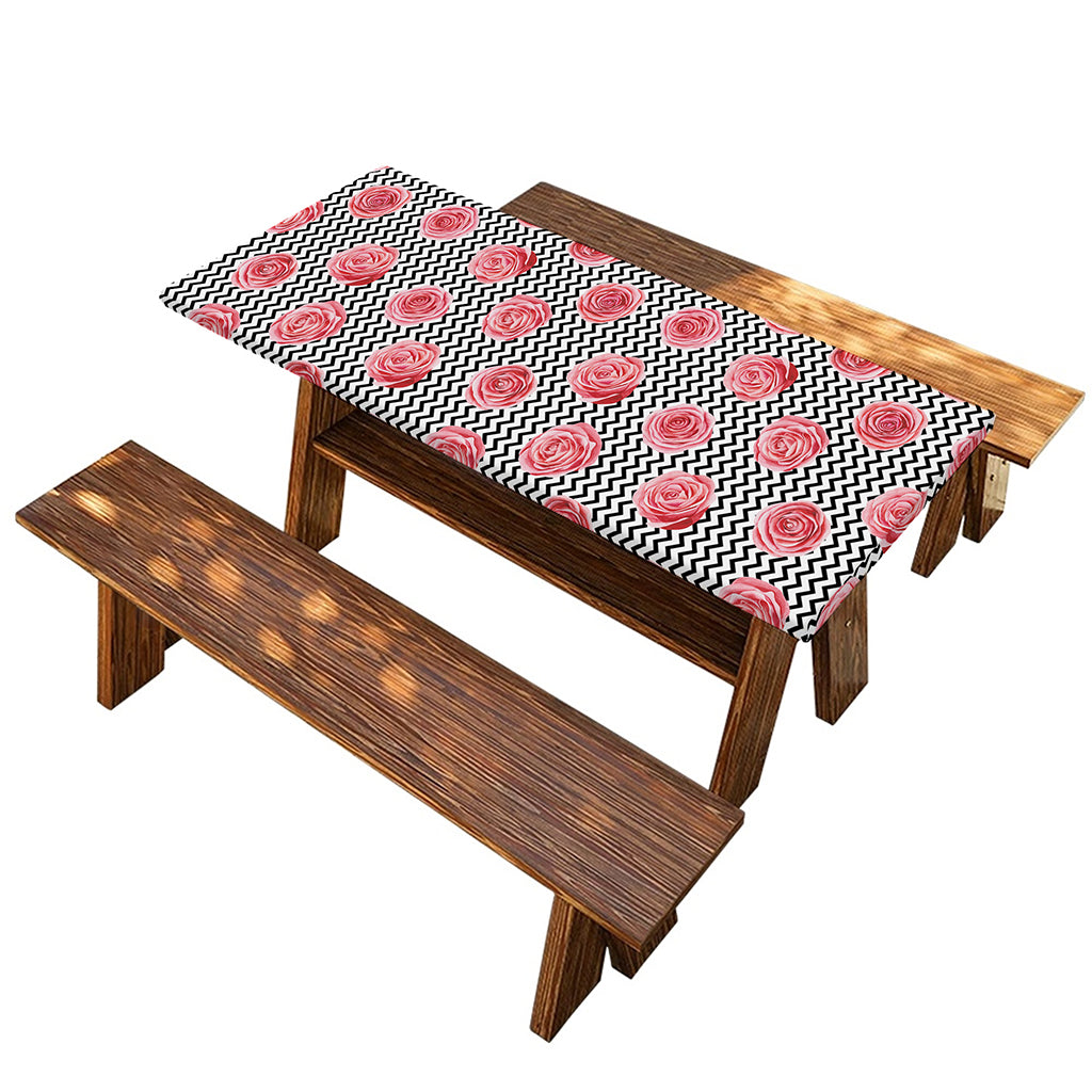 Pink Rose Zigzag Pattern Print Picnic Table Cover