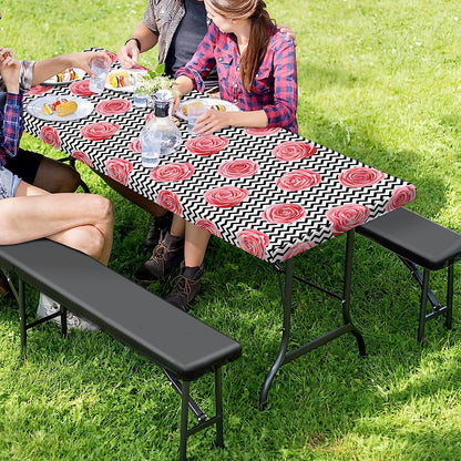 Pink Rose Zigzag Pattern Print Picnic Table Cover
