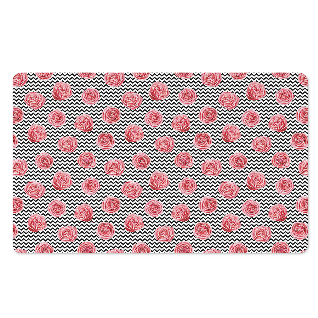 Pink Rose Zigzag Pattern Print Polyester Doormat