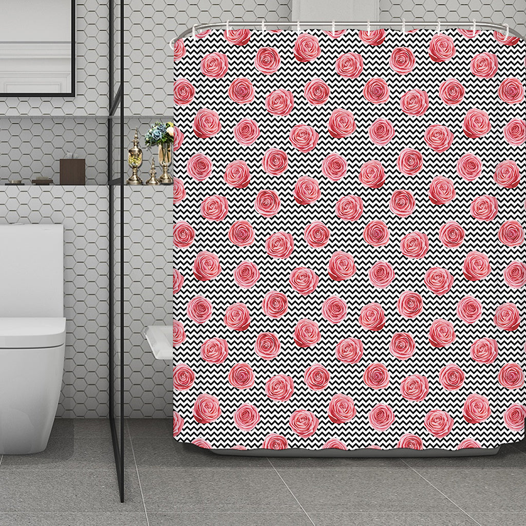 Pink Rose Zigzag Pattern Print Polyester Shower Curtain