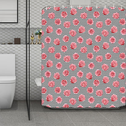 Pink Rose Zigzag Pattern Print Polyester Shower Curtain