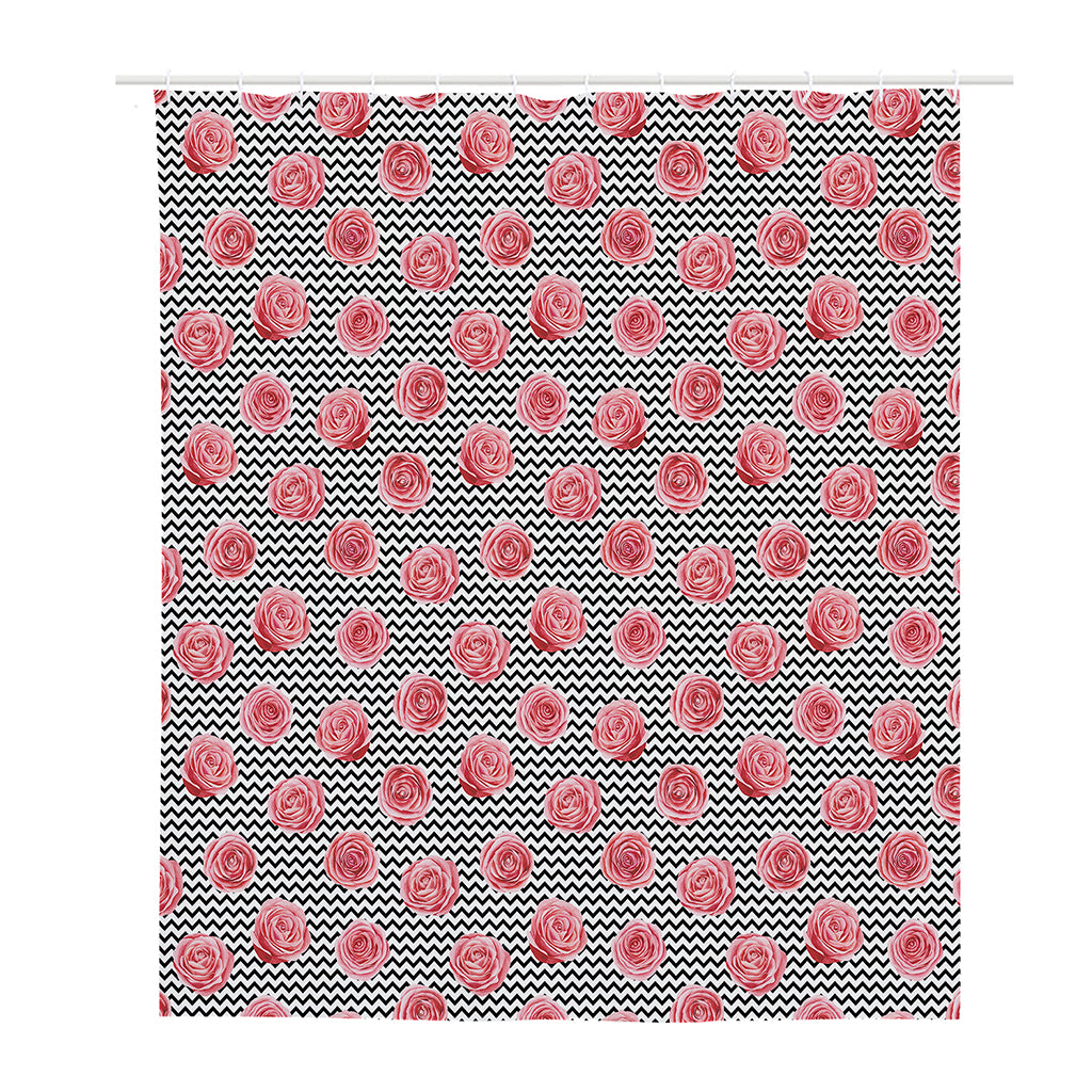 Pink Rose Zigzag Pattern Print Polyester Shower Curtain