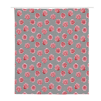 Pink Rose Zigzag Pattern Print Polyester Shower Curtain