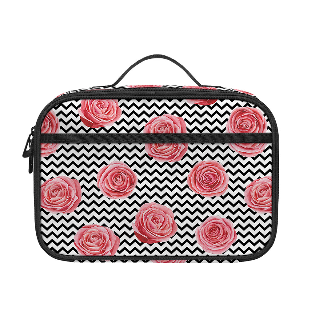Pink Rose Zigzag Pattern Print Portable Lunch Bag
