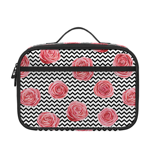 Pink Rose Zigzag Pattern Print Portable Lunch Bag