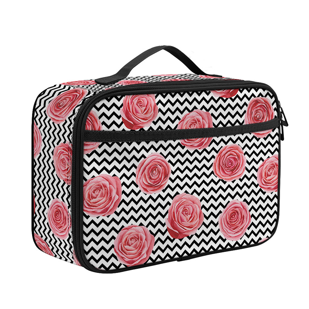 Pink Rose Zigzag Pattern Print Portable Lunch Bag
