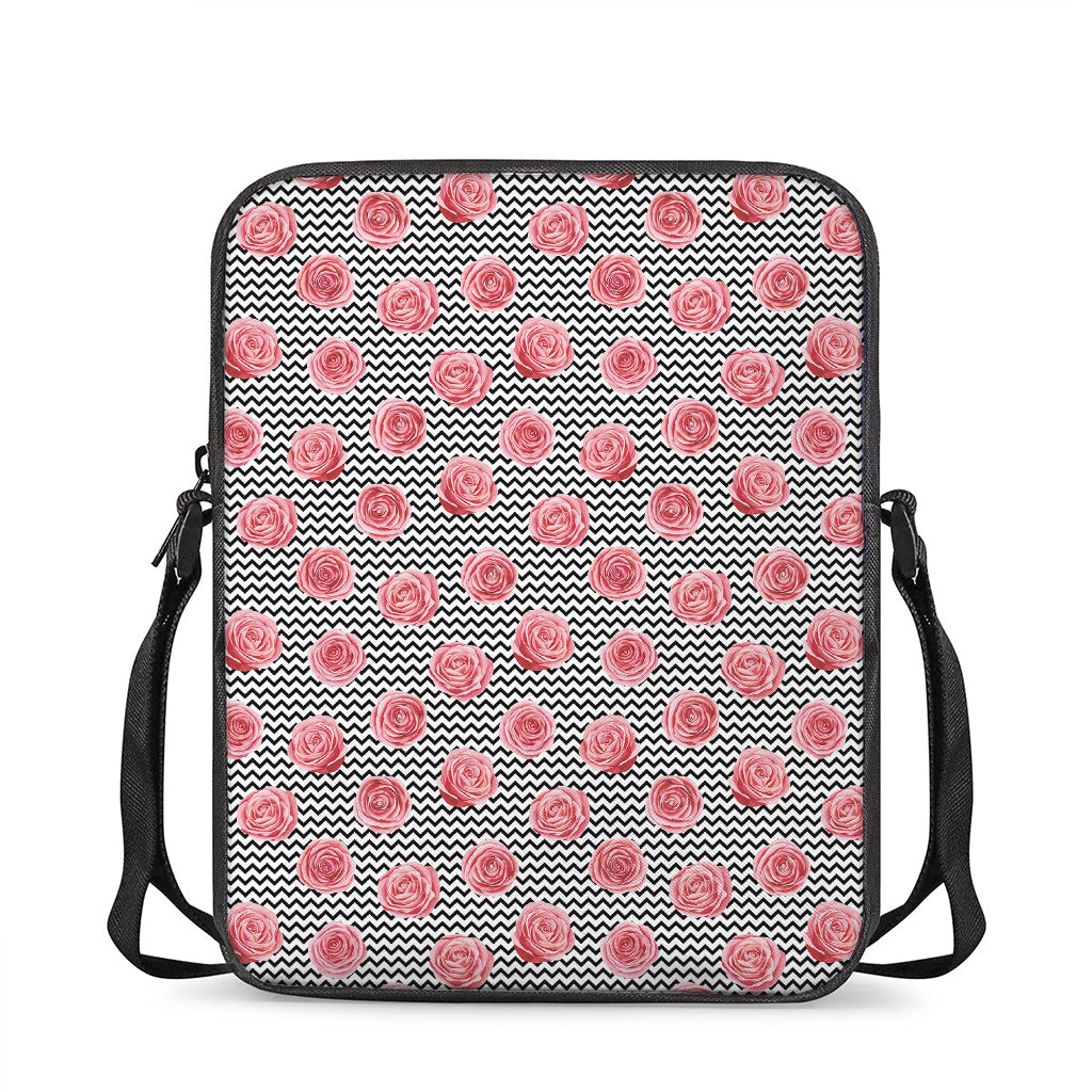 Pink Rose Zigzag Pattern Print Rectangular Crossbody Bag
