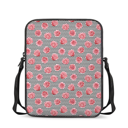 Pink Rose Zigzag Pattern Print Rectangular Crossbody Bag