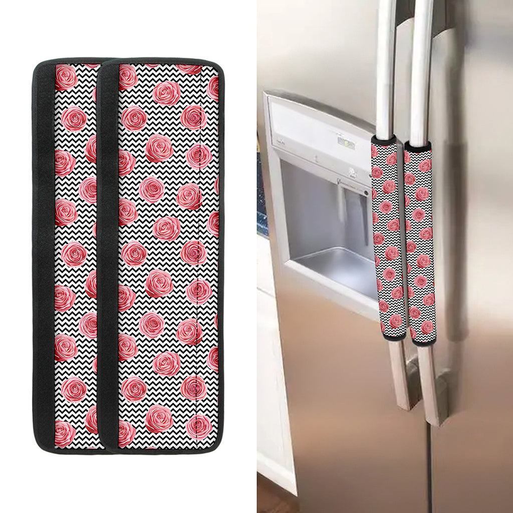 Pink Rose Zigzag Pattern Print Refrigerator Handle Covers