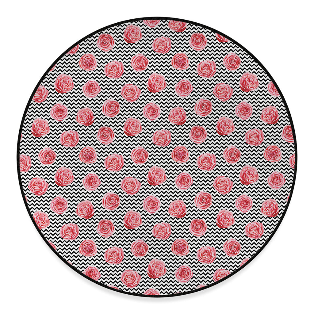 Pink Rose Zigzag Pattern Print Round Floor Mat