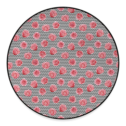 Pink Rose Zigzag Pattern Print Round Floor Mat