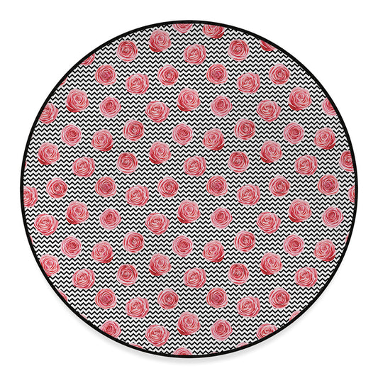 Pink Rose Zigzag Pattern Print Round Floor Mat