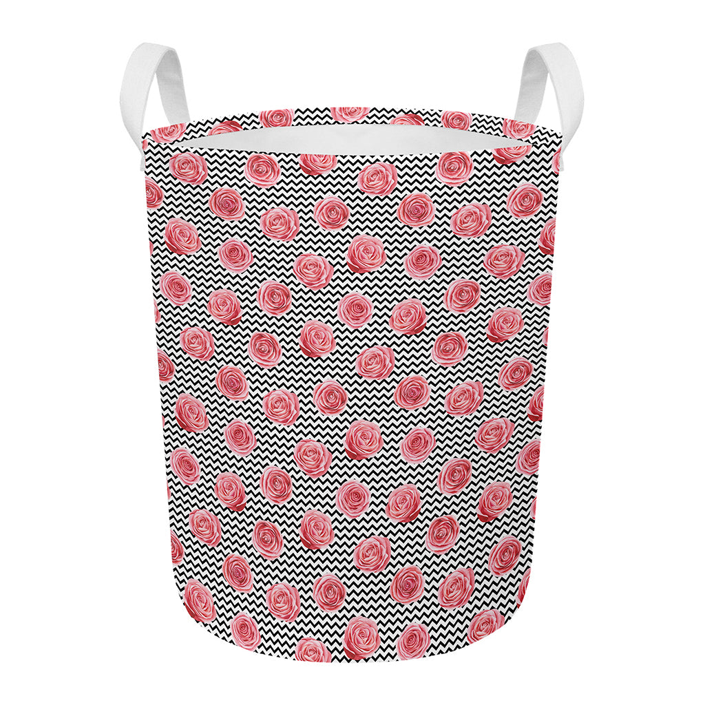 Pink Rose Zigzag Pattern Print Round Laundry Basket