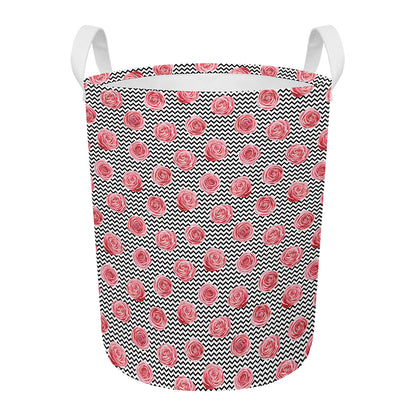 Pink Rose Zigzag Pattern Print Round Laundry Basket