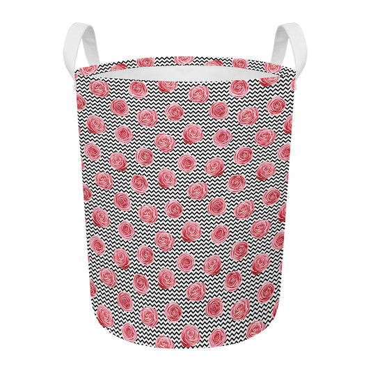 Pink Rose Zigzag Pattern Print Round Laundry Basket