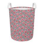 Pink Rose Zigzag Pattern Print Round Laundry Basket
