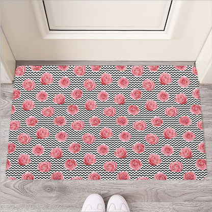 Pink Rose Zigzag Pattern Print Rubber Doormat