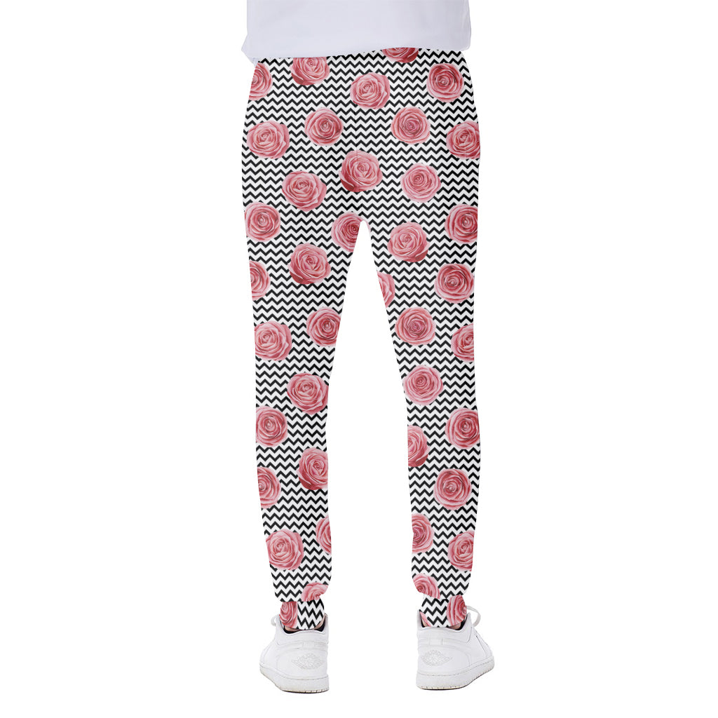 Pink Rose Zigzag Pattern Print Scuba Joggers
