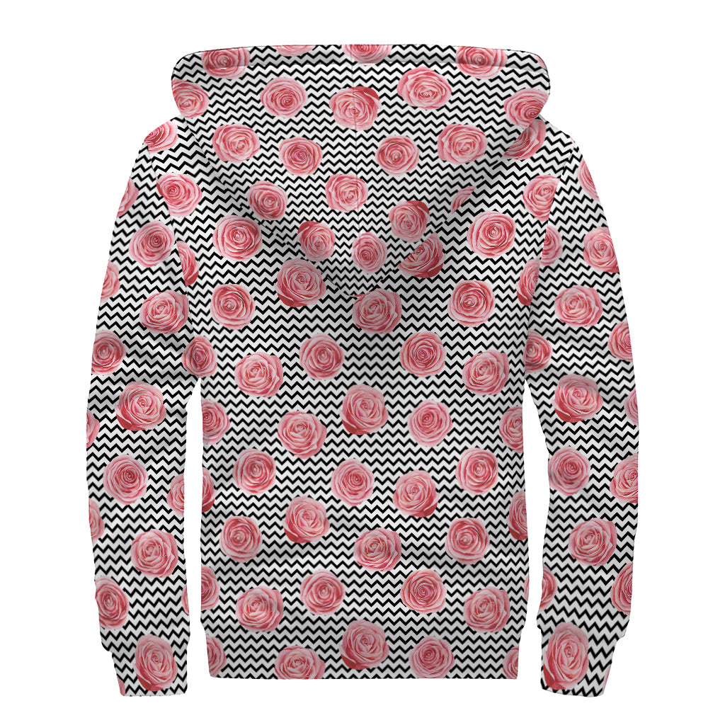 Pink Rose Zigzag Pattern Print Sherpa Lined Zip Up Hoodie
