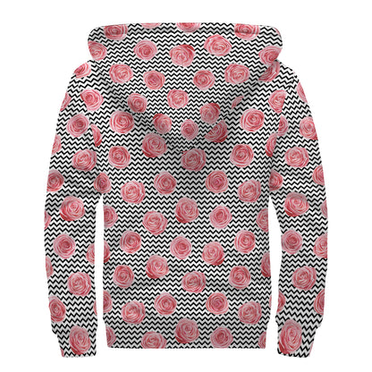 Pink Rose Zigzag Pattern Print Sherpa Lined Zip Up Hoodie