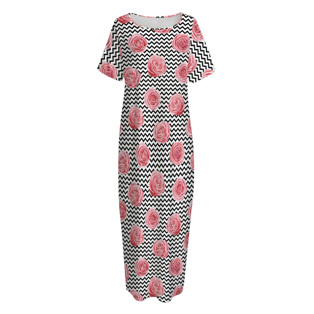 Pink Rose Zigzag Pattern Print Short Sleeve Long Nightdress