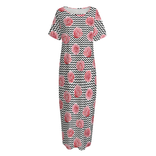 Pink Rose Zigzag Pattern Print Short Sleeve Long Nightdress