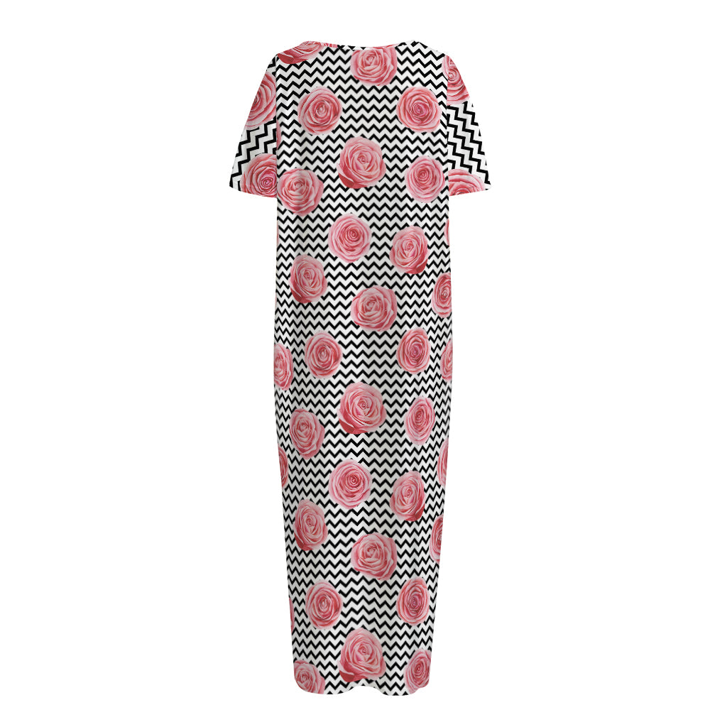 Pink Rose Zigzag Pattern Print Short Sleeve Long Nightdress