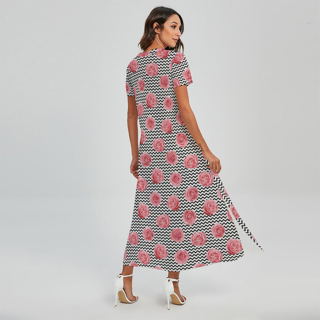 Pink Rose Zigzag Pattern Print Short Sleeve Maxi Dress