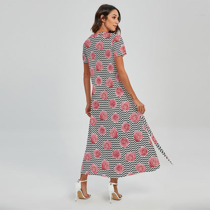 Pink Rose Zigzag Pattern Print Short Sleeve Maxi Dress