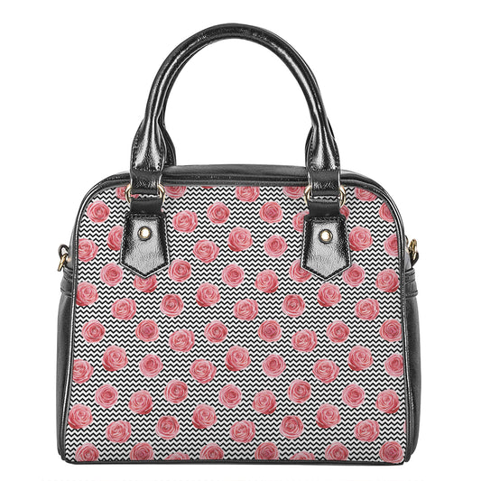 Pink Rose Zigzag Pattern Print Shoulder Handbag