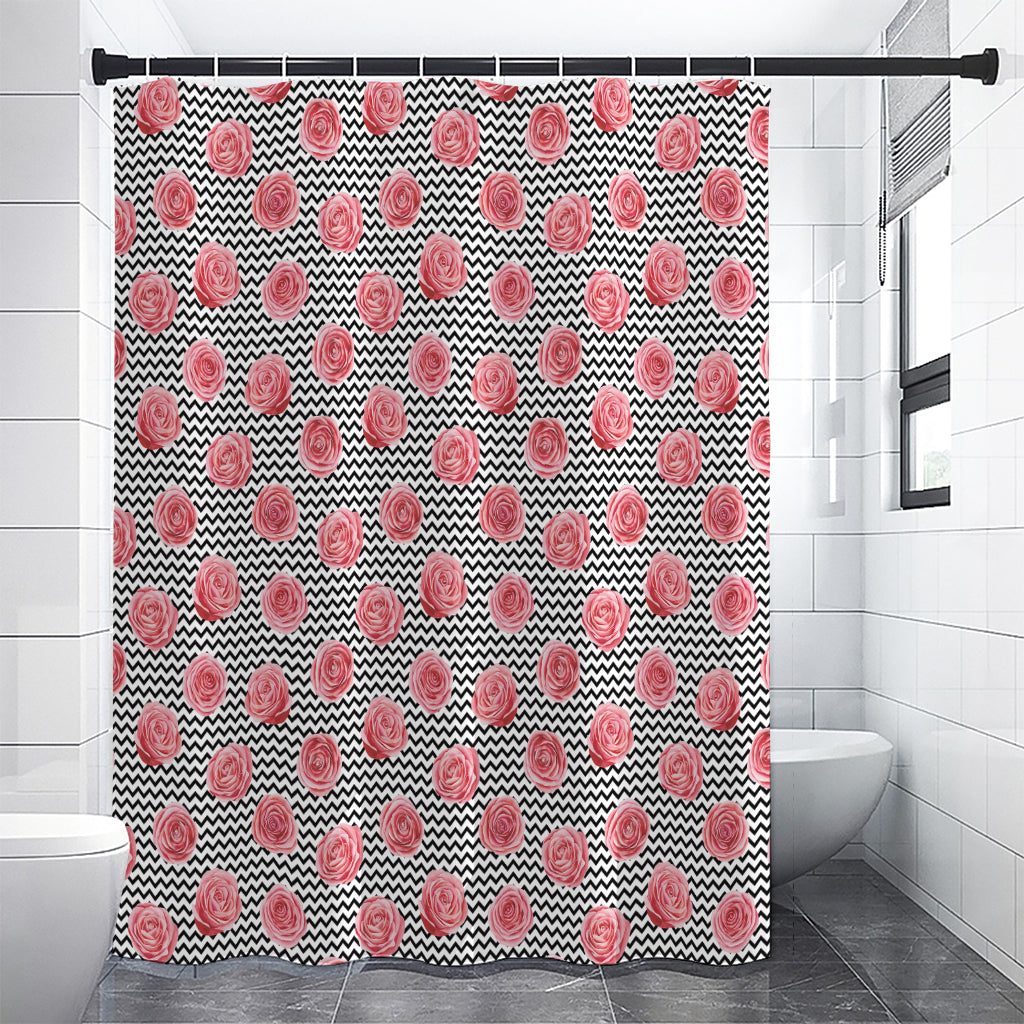 Pink Rose Zigzag Pattern Print Shower Curtain