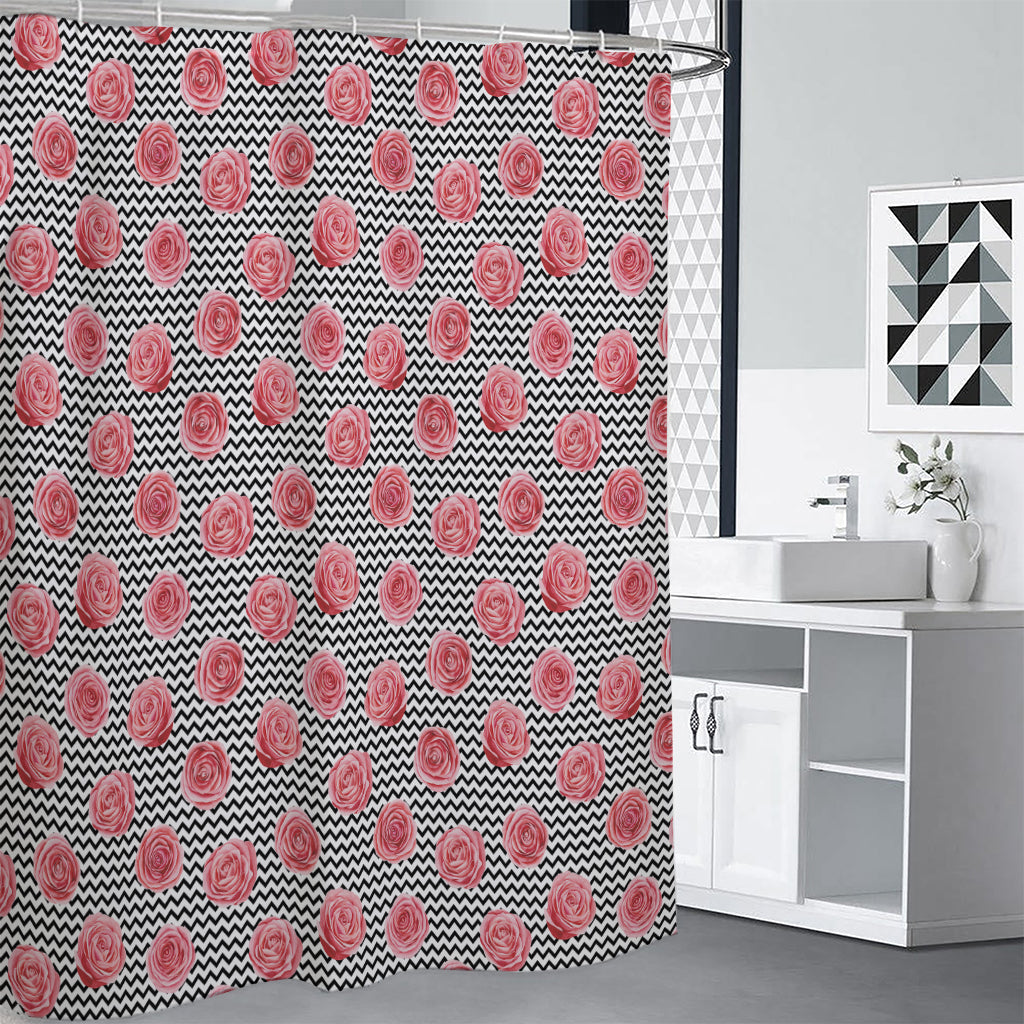Pink Rose Zigzag Pattern Print Shower Curtain