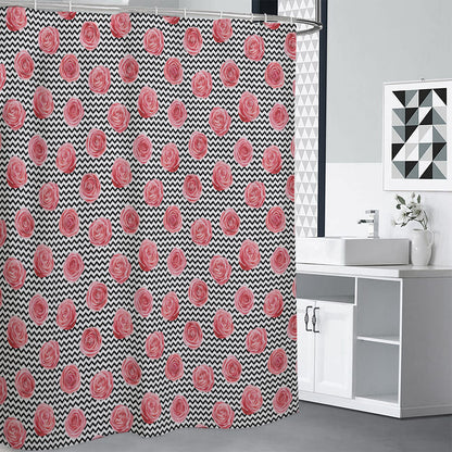 Pink Rose Zigzag Pattern Print Shower Curtain