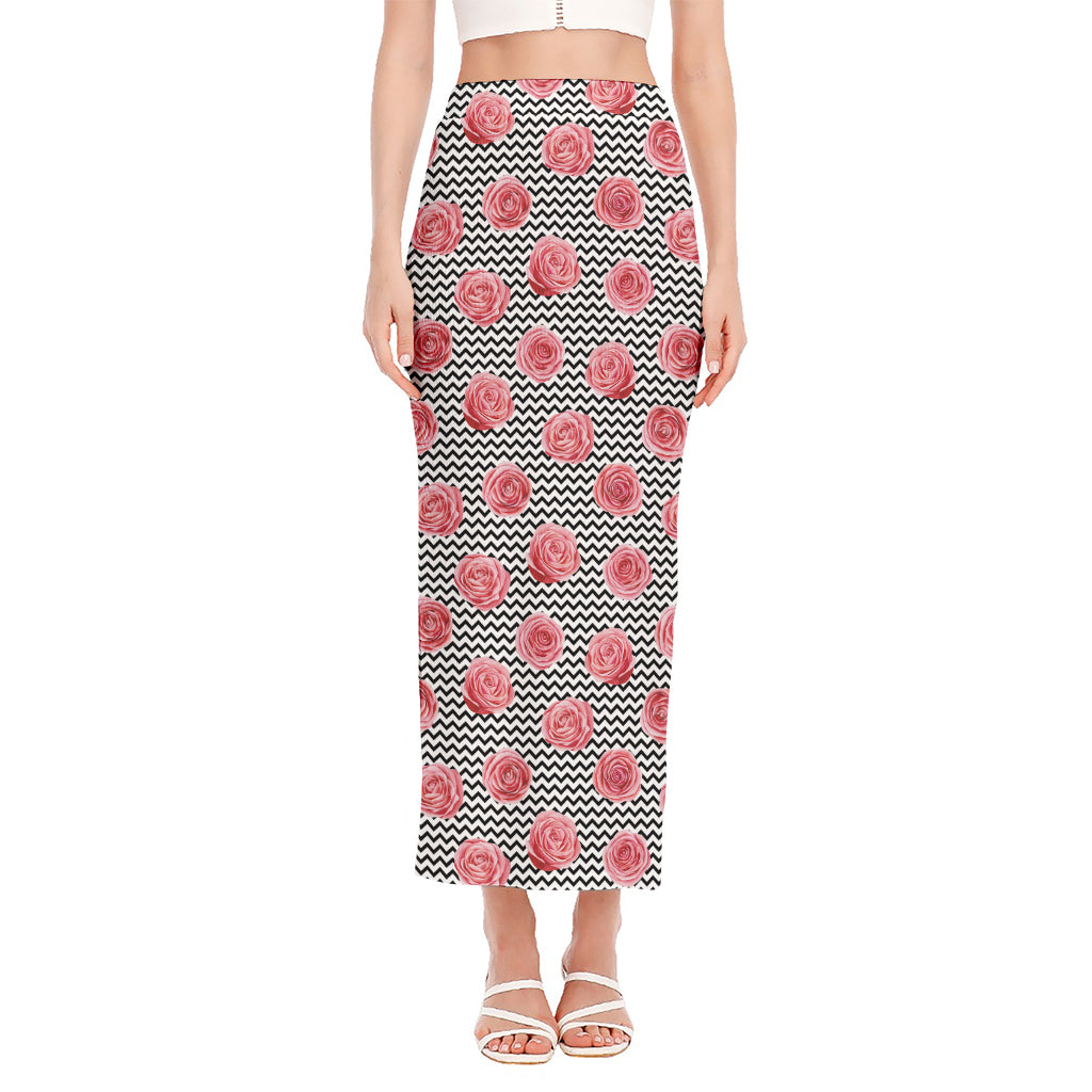 Pink Rose Zigzag Pattern Print Side Slit Maxi Skirt