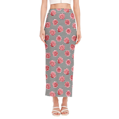 Pink Rose Zigzag Pattern Print Side Slit Maxi Skirt