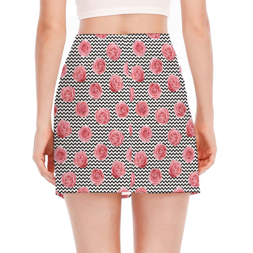 Pink Rose Zigzag Pattern Print Side Slit Mini Skirt
