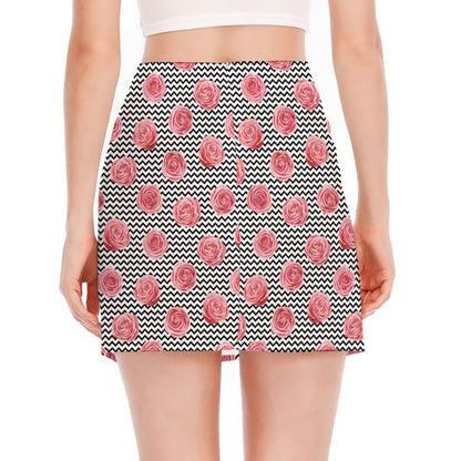 Pink Rose Zigzag Pattern Print Side Slit Mini Skirt