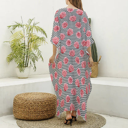 Pink Rose Zigzag Pattern Print Silk V-Neck Kaftan Dress