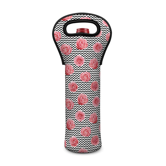 Pink Rose Zigzag Pattern Print Single Neoprene Wine Tote