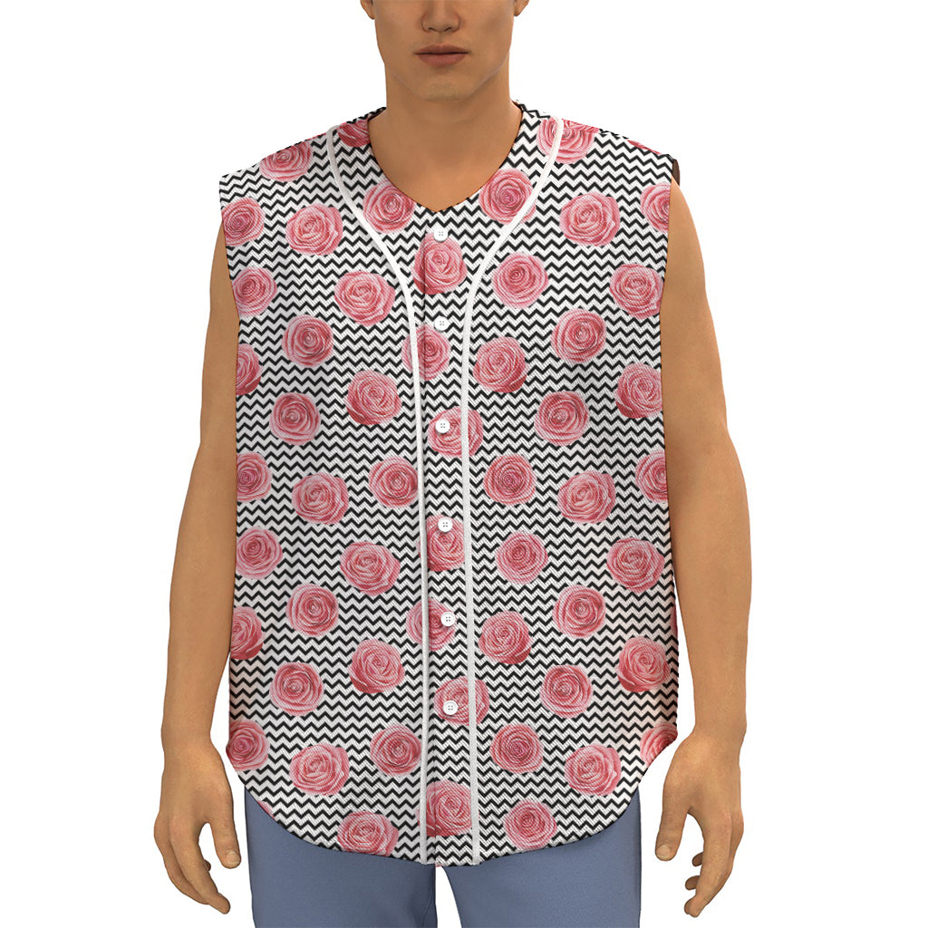 Pink Rose Zigzag Pattern Print Sleeveless Baseball Jersey