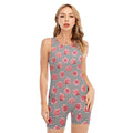 Pink Rose Zigzag Pattern Print Sleeveless One Piece Swimsuit