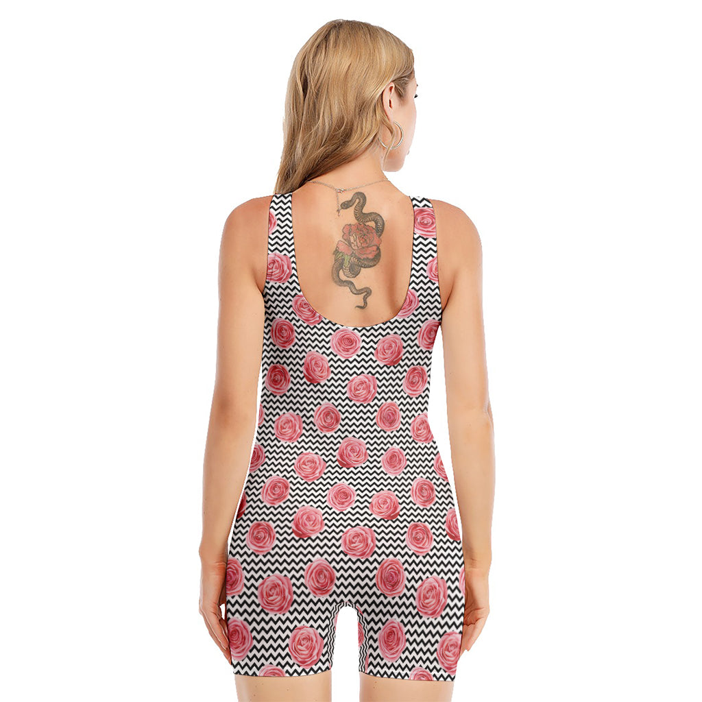Pink Rose Zigzag Pattern Print Sleeveless One Piece Swimsuit