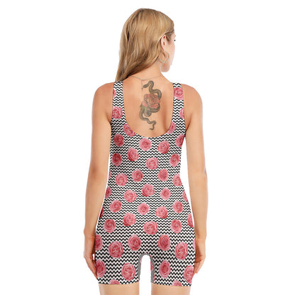 Pink Rose Zigzag Pattern Print Sleeveless One Piece Swimsuit