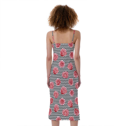 Pink Rose Zigzag Pattern Print Slim Fit Midi Cami Dress