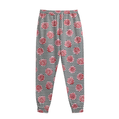 Pink Rose Zigzag Pattern Print Sweatpants