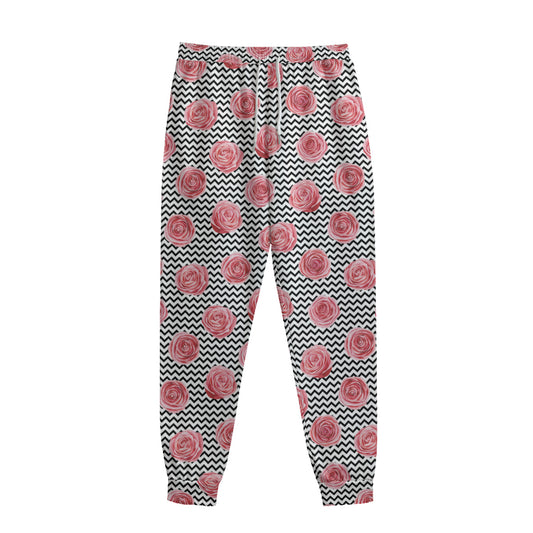 Pink Rose Zigzag Pattern Print Sweatpants