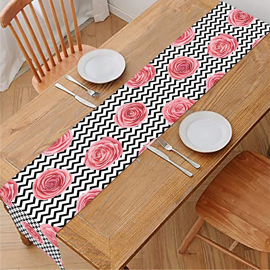 Pink Rose Zigzag Pattern Print Table Runner