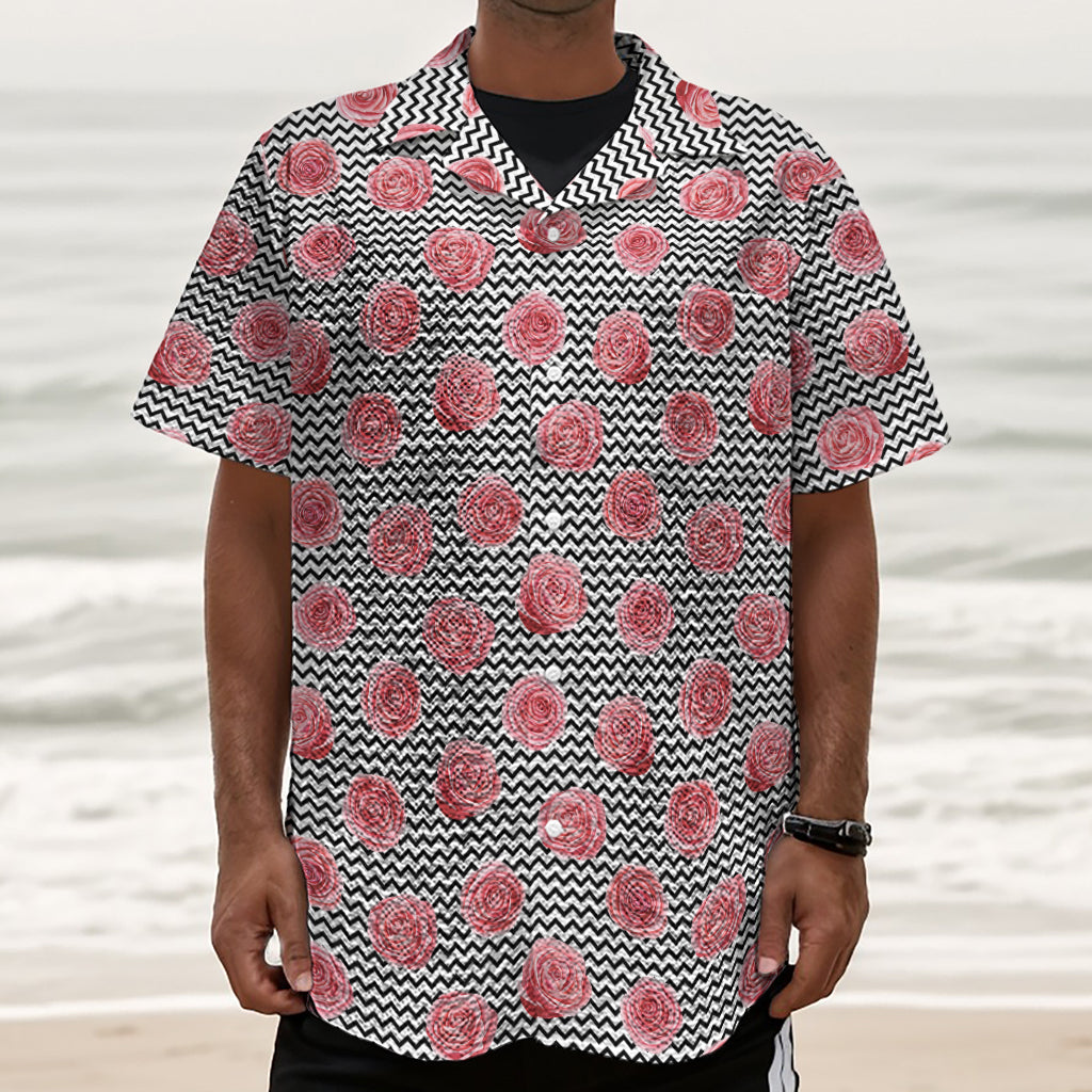 Pink Rose Zigzag Pattern Print Textured Short Sleeve Shirt